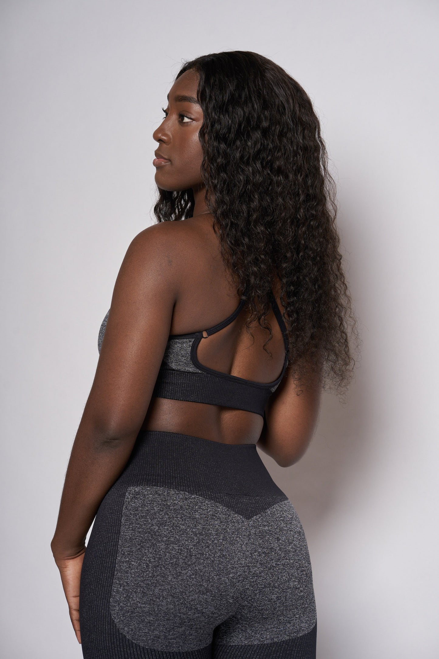 close up of grey bra top and leggings