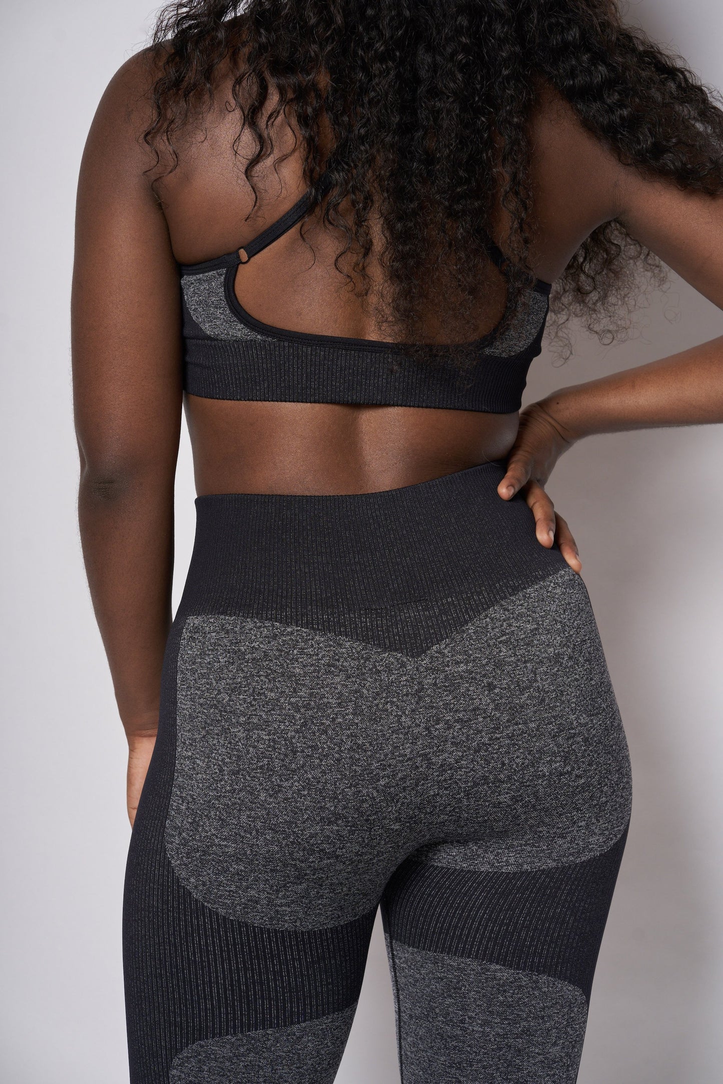 close up of grey bra top and leggings