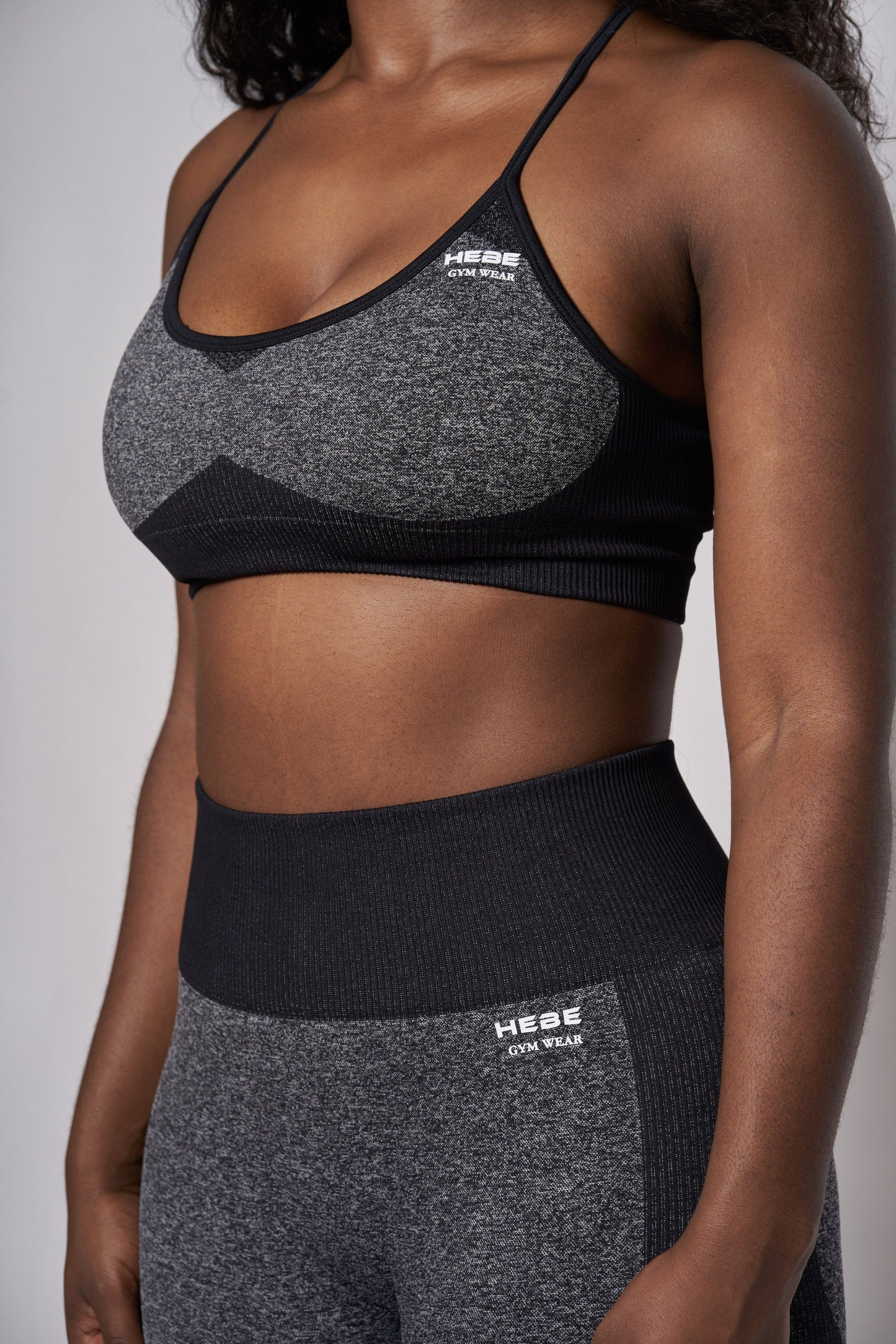 close up of grey bra top and leggings