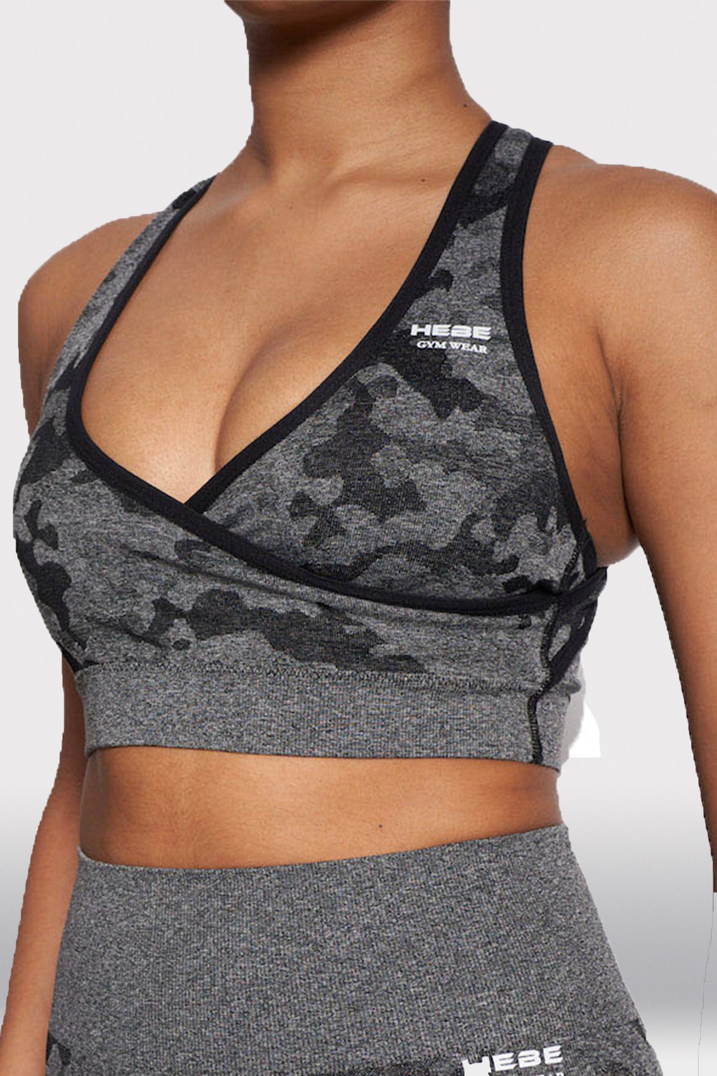 close up of grey camouflage bra top gymwear