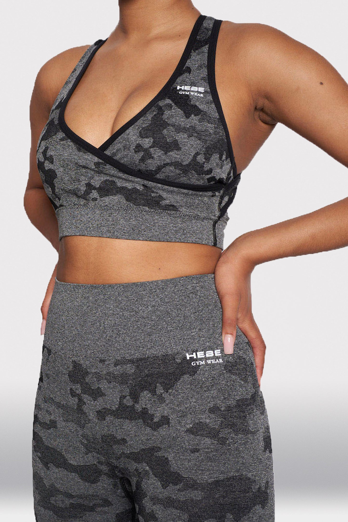 matching grey camouflage gym top and leggings