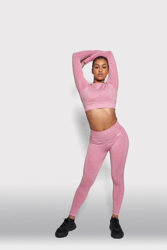 pink long sleeve crop top and leggings gymwear set