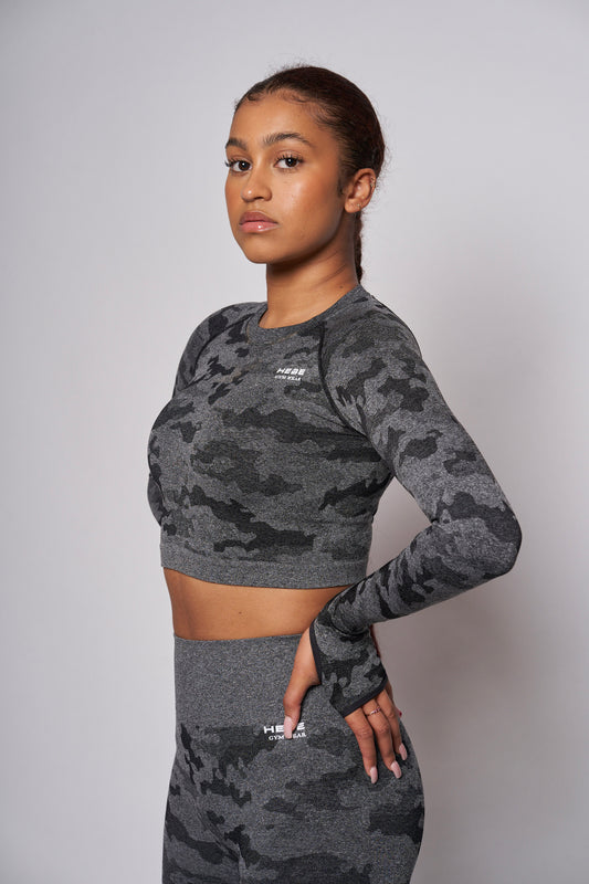 girl in grey camouflage gym wear